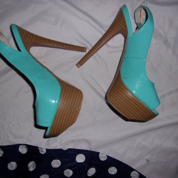 size 6 medium womens high heels shoes teal blue strap dress wear six - Picture 3 of 6